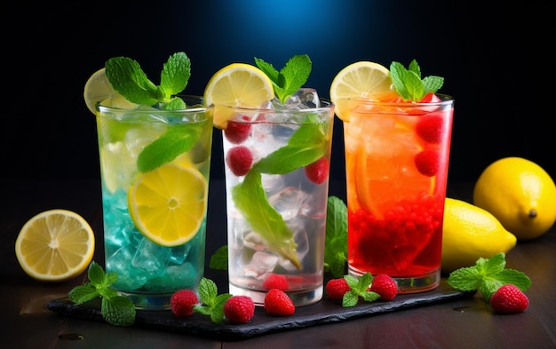 Fresh cocktails with ice lemon lime and fruits