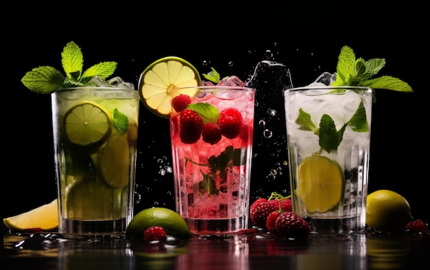 Fresh cocktails with ice lemon lime and fruits