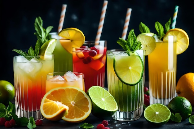 fresh cocktails with ice lemon lime and fruits