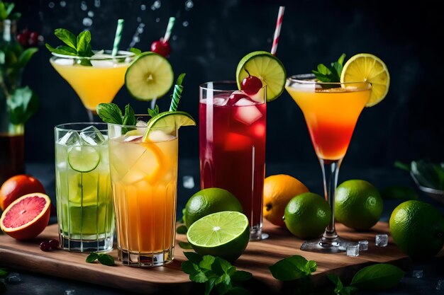 fresh cocktails with ice lemon lime and fruits