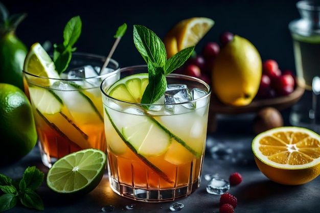 fresh cocktails with ice lemon lime and fruits