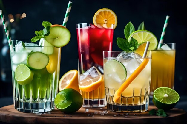 свежие коктейли с льдом, лимоном, лаймом и фруктами