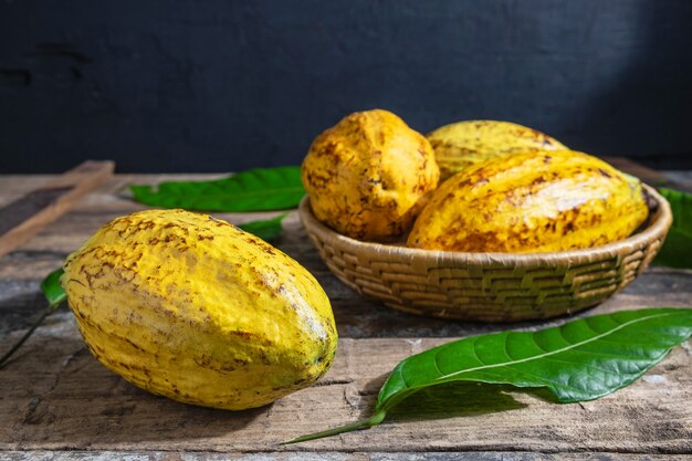 Fresh cocoa in basket On a wooden background