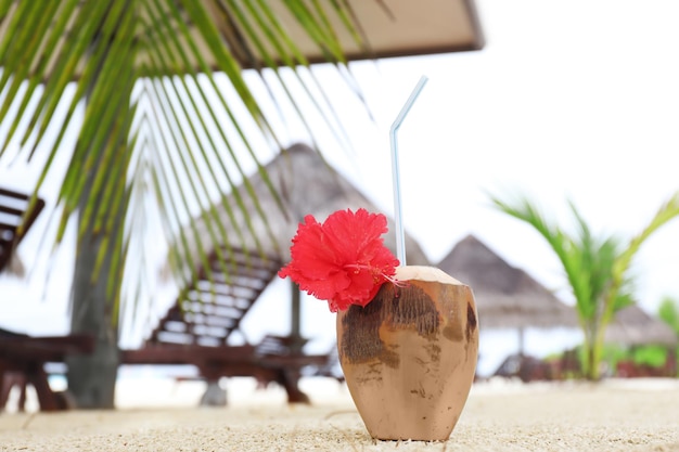 Fresh coconut cocktail on beach at resort