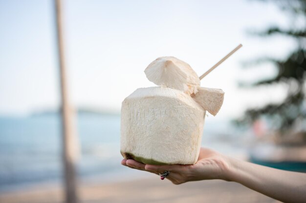 바다 배경 위에 손에 신선한 코코넛 칵테일