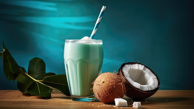 Fresh coconut cocktail with a straw Generated ai