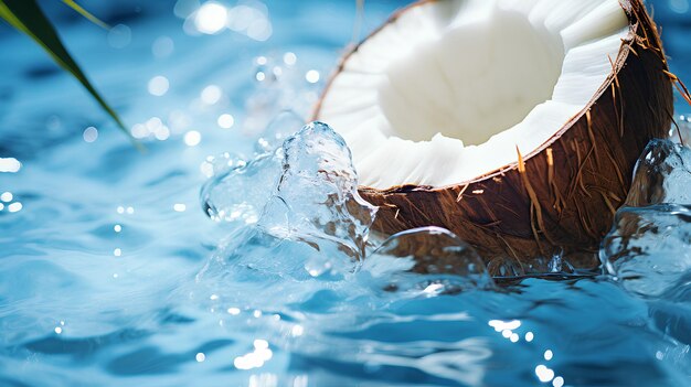 Photo fresh coconut in coconut shell in the swimming pool