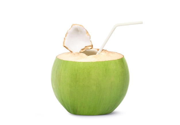 Photo fresh coconut juice drinking isolated on white