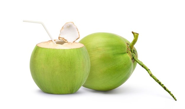 Fresh Coconut juice drinking isolated on white