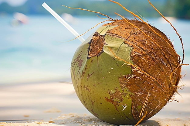 写真 熱帯のビーチでストローで新鮮なココナッツ