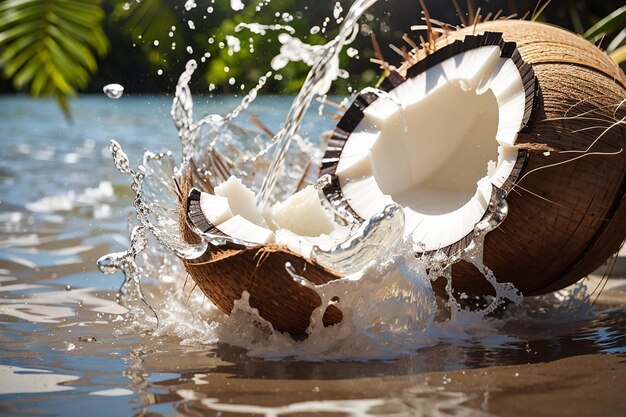 Fresh coconut splashing water