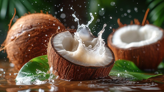 Fresh Coconut Splits Open Spilling Milk With Tropical Leaves in the Background