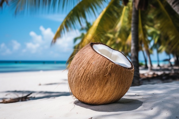 Fresh coconut on a sunny beach background