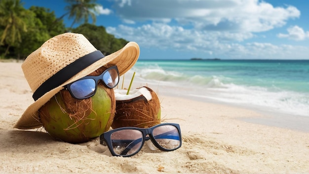 Foto cocco fresco con cappello e occhiali da sole sulla spiaggia di sabbia pulita con le onde del mare frutta fresca con il mare san