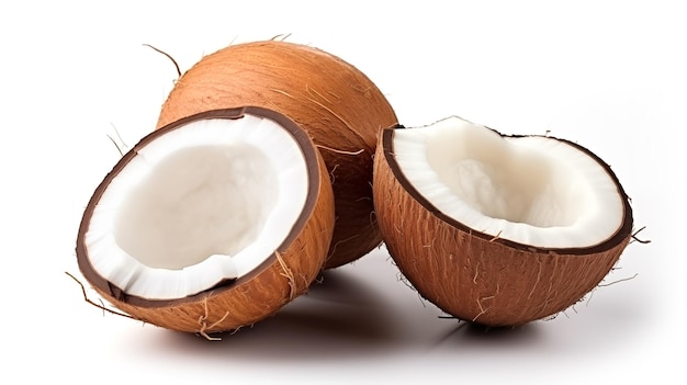 Fresh coconut with leaves isolated on white background