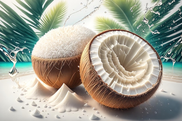 свежий кокос с брызгами воды на белом фоне