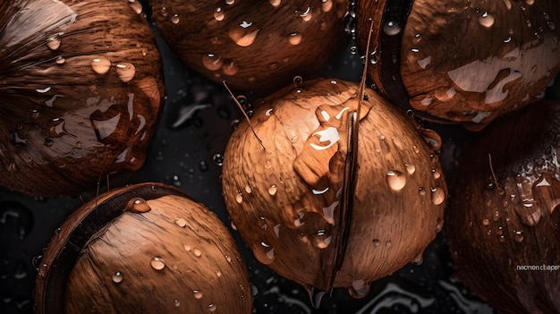 Fresh coconuts with water splashes and drops on black background