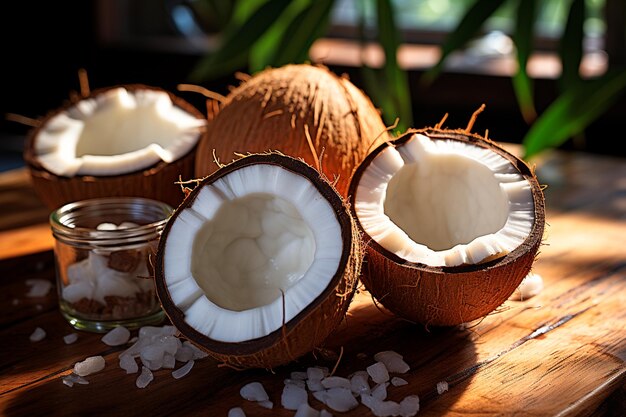 Fresh coconuts on the wooden background