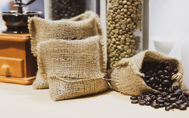 Fresh coffee beans in hemp sack, Roasted coffee beans