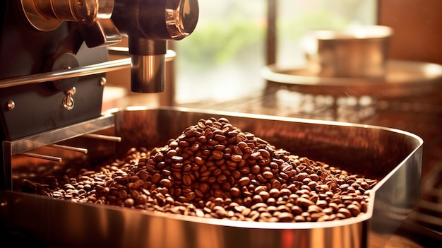 Photo fresh coffee beans in roasting machine generative ai