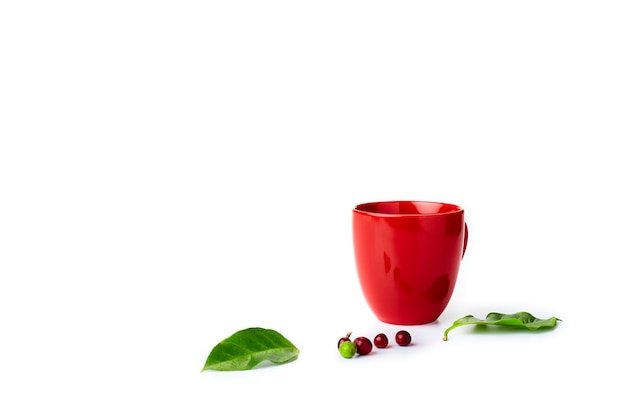 Fresh coffee beans with leaves and an empty red cup on white background