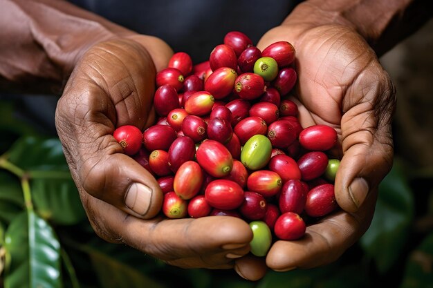 Fresh Coffee Cherries in Hands of a Farmer CloseUp