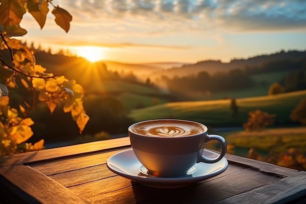 Fresh coffee cup outdoor in front of beautiful nature sunrise Generative AI