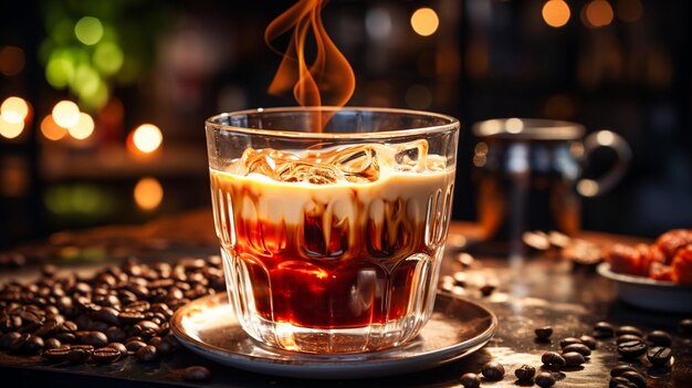 Свежий кофе наливают в элегантный стакан на деревянной барной стойке