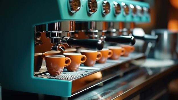 Fresh coffee pouring into a little white cup from professional espresso machine Generative Ai