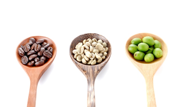 Fresh coffee,roasted coffee,woden spoon on white background.