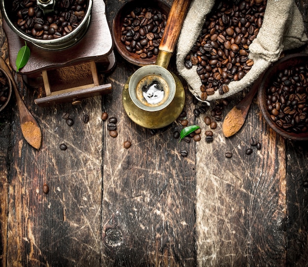 Fresh coffee on a rustic background