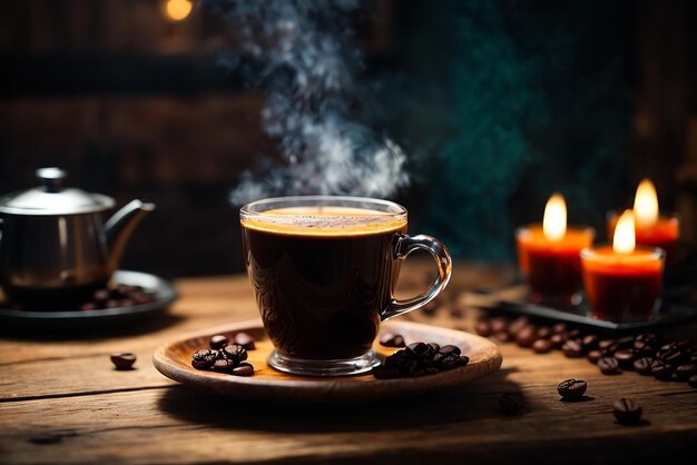 Photo fresh coffee steams on wooden table close up generative