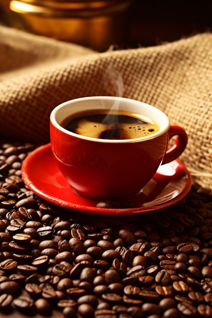 Fresh coffee steams on wooden table close up with brown coffee seeds