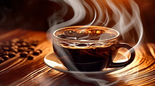 木のテーブルの上に新鮮なコーヒーの蒸気がコーヒー豆をクローズアップ