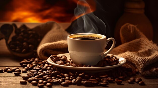 Fresh coffee steams on wooden table close up with coffee beans