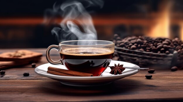 Fresh coffee steams on wooden table close up with coffee beans