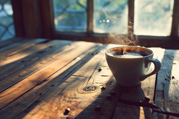 Photo fresh coffee steams on wooden table close up