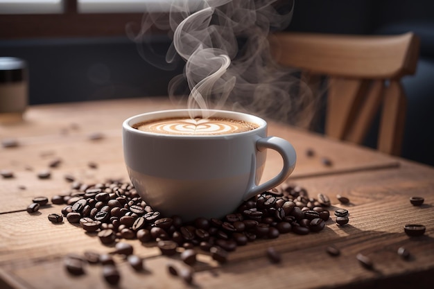 Fresh coffee steams on wooden table close up