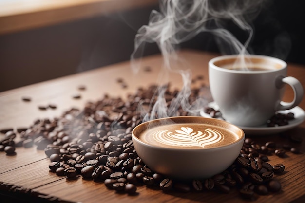 Fresh coffee steams on wooden table close up