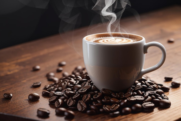 Fresh coffee steams on wooden table close up