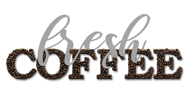 フレッシュコーヒーのタイポグラフィの引用コーヒー豆のデザインのレタリングの引用3Dレンダリング