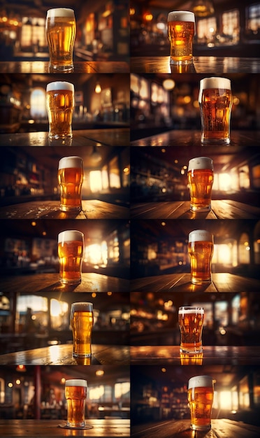 Свежее холодное пиво на деревянном столе в пабе с драматическим закатным светом