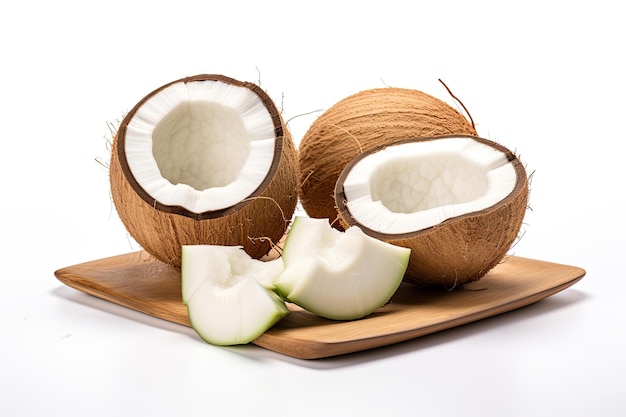 Fresh Cold Coconut with young coconut meat in Serve isolated white background