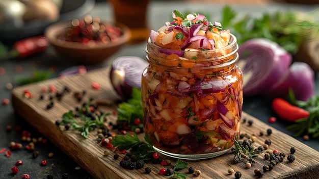 Photo fresh coleslaw in jars on the wood kitchen table