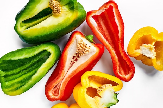 Fresh colorful bell pepper red green and paprika Top view isolated on white background Mexican food ingredient Raw juicy vegetable