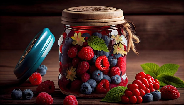 Fresh colorful berries assorted mix Raspberry blueberry strawberry on a rustic wooden table