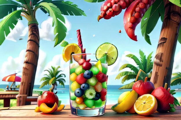 Fresh colorful cocktail with fruit on table