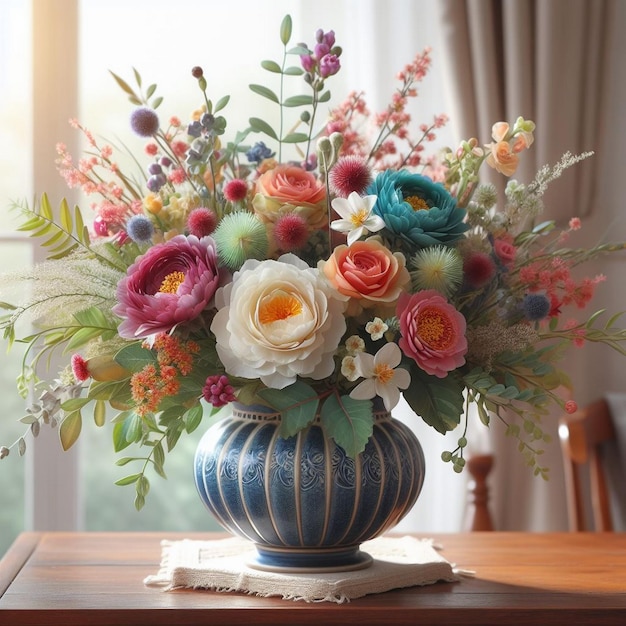 Fresh colorful flower arrangement in a vase adds nature to indoors