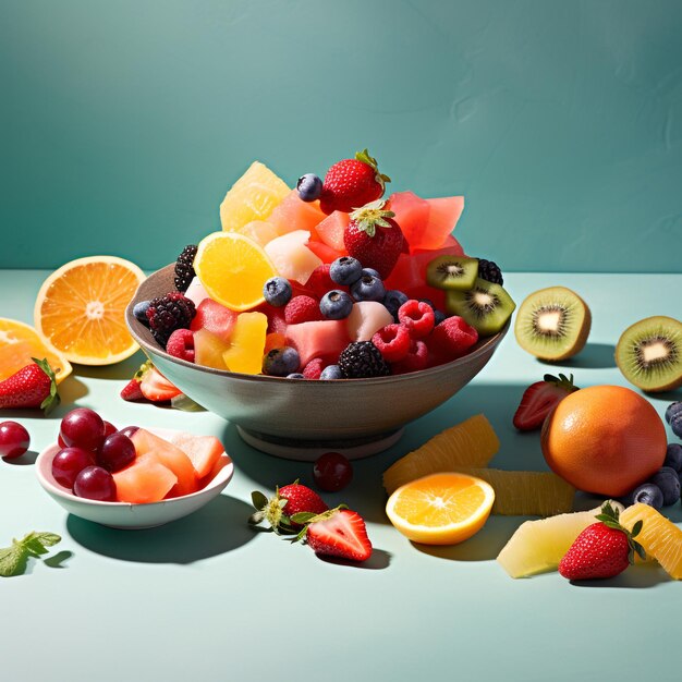 Photo fresh and colorful fruit salad in the bowl generated by artificial intelligence