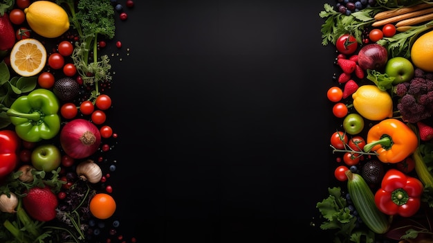 Фото Свежие красочные фрукты и овощи с пустым пространством на фоне черного вида сверху генеративный ии